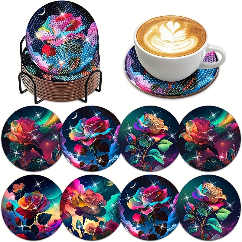 

Ensemble De 8 Sous-verres De Peinture En Diamant DIY - Sous-verres Ronds Mignons Et Amusants - Sous-verres En Forme De Fleur De Rose Style Saint-Valentin