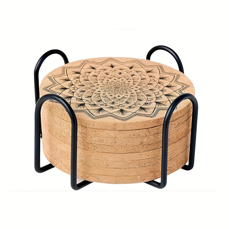 Image of Cork Coasters With Stainless Steel Storage Shelves - Beverage Absorbent Cork Coasters, Dining Mats, Housewarming Gifts For , Living Room Decoration, Apartment Decoration(8pcs)