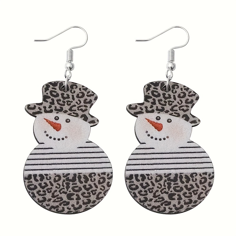 Snowman With Leopard Pattern Dangle Earrings Retro Style Wooden Jewelry