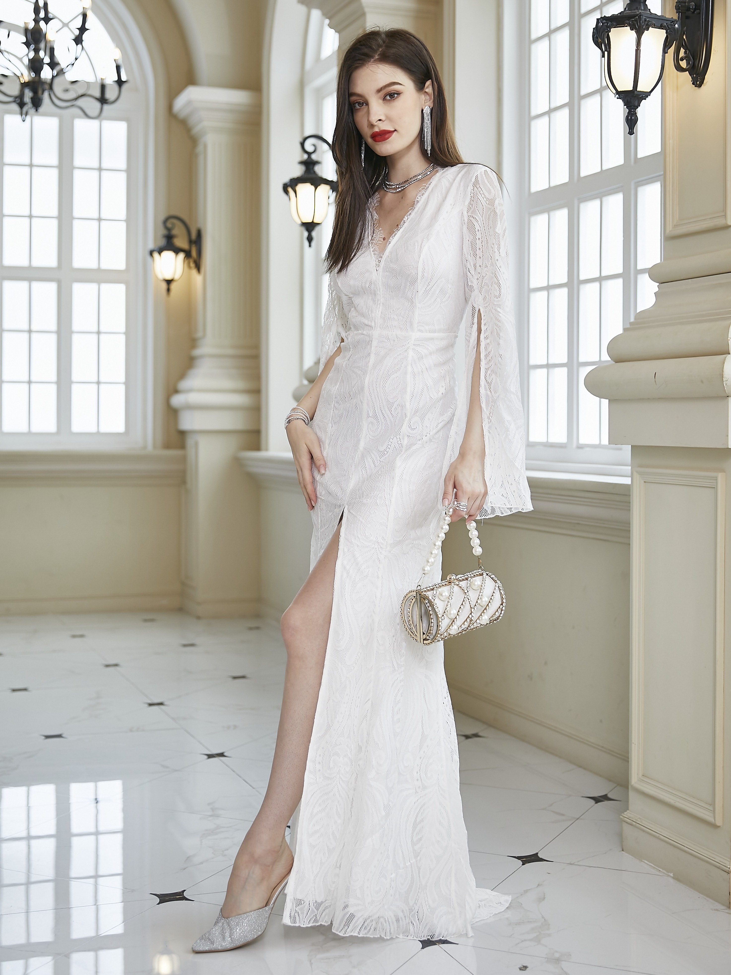 Lace Split Wedding Dress, Elegant Long Sleeve Plunging V-neck Wedding  Dress, Women's Clothing