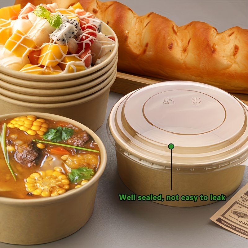 Disposable Kraft Paper Soup Containers with Plastic Lids - Kraft