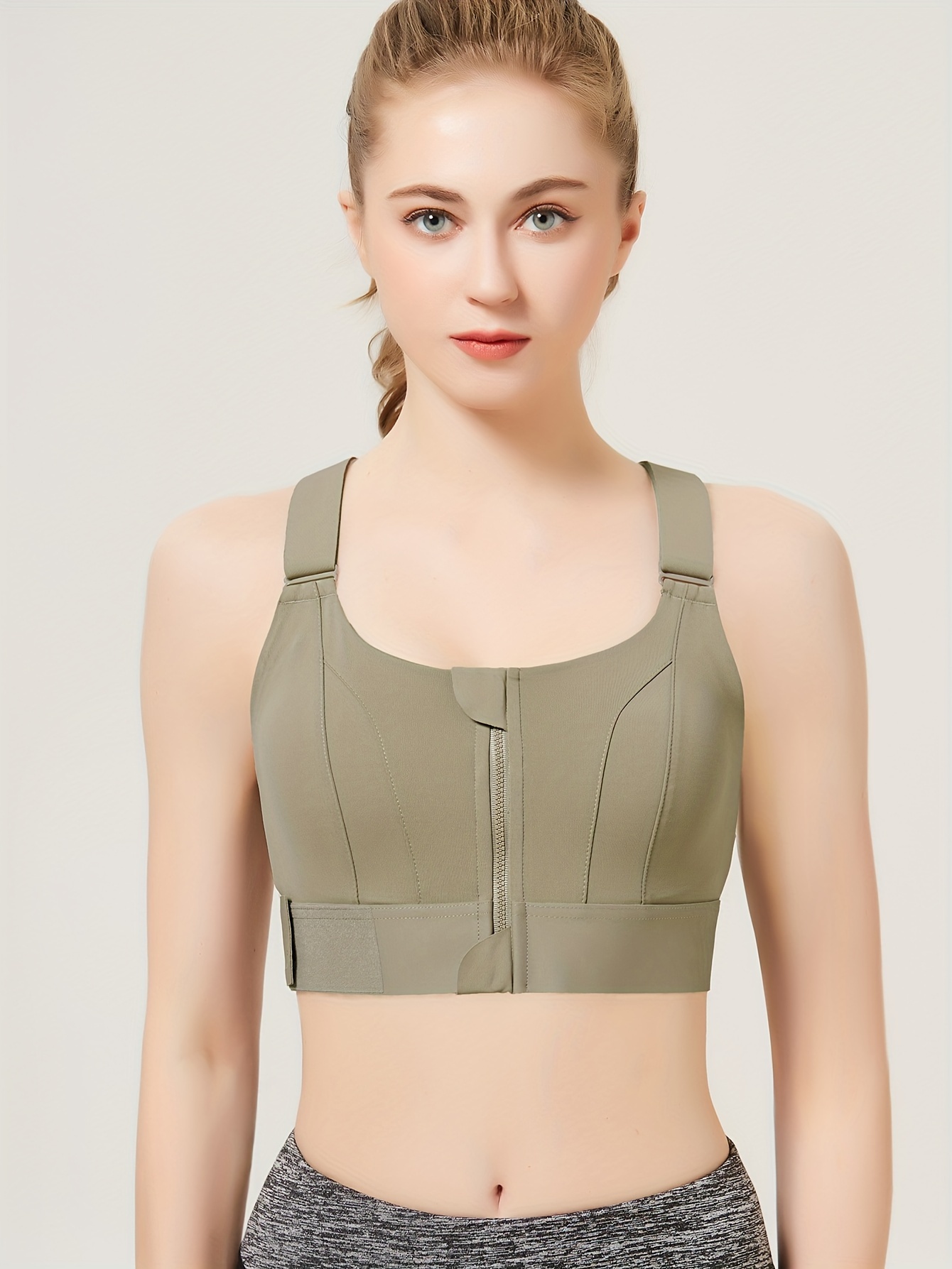 solid color shockproof sports bra zipper front round neck with fixed chest pads workout top womens activewear matcha color 0