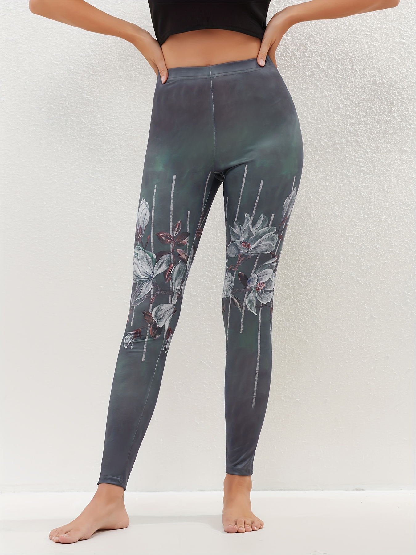 Floral Print Skinny Leggings Casual Elastic Waist Stretchy - Temu