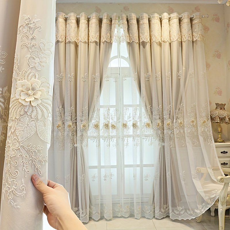 Cortinas opacas de doble capa, color gris, con tratamiento de ventana,  cortina de gasa de doble cubierta, cortinas opacas de tul bordadas, cortina  de