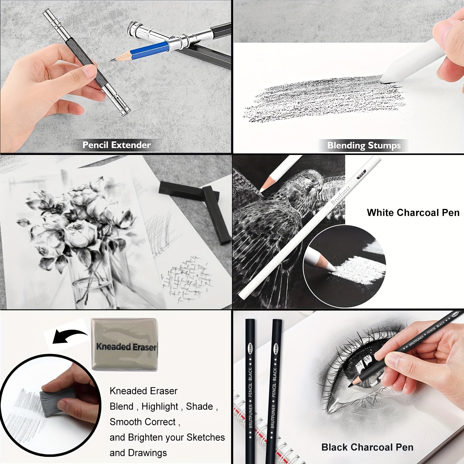 Art Sketching Set Graphite and Charcoal Pencils, Kneading Eraser, Mixing  Stump Art Kits and Supplies for