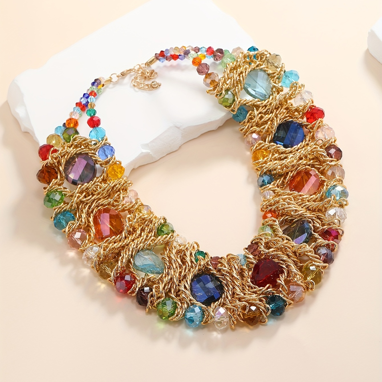 

Boho 3 Row Multicolor Crystal Chunky Necklace Party Favors