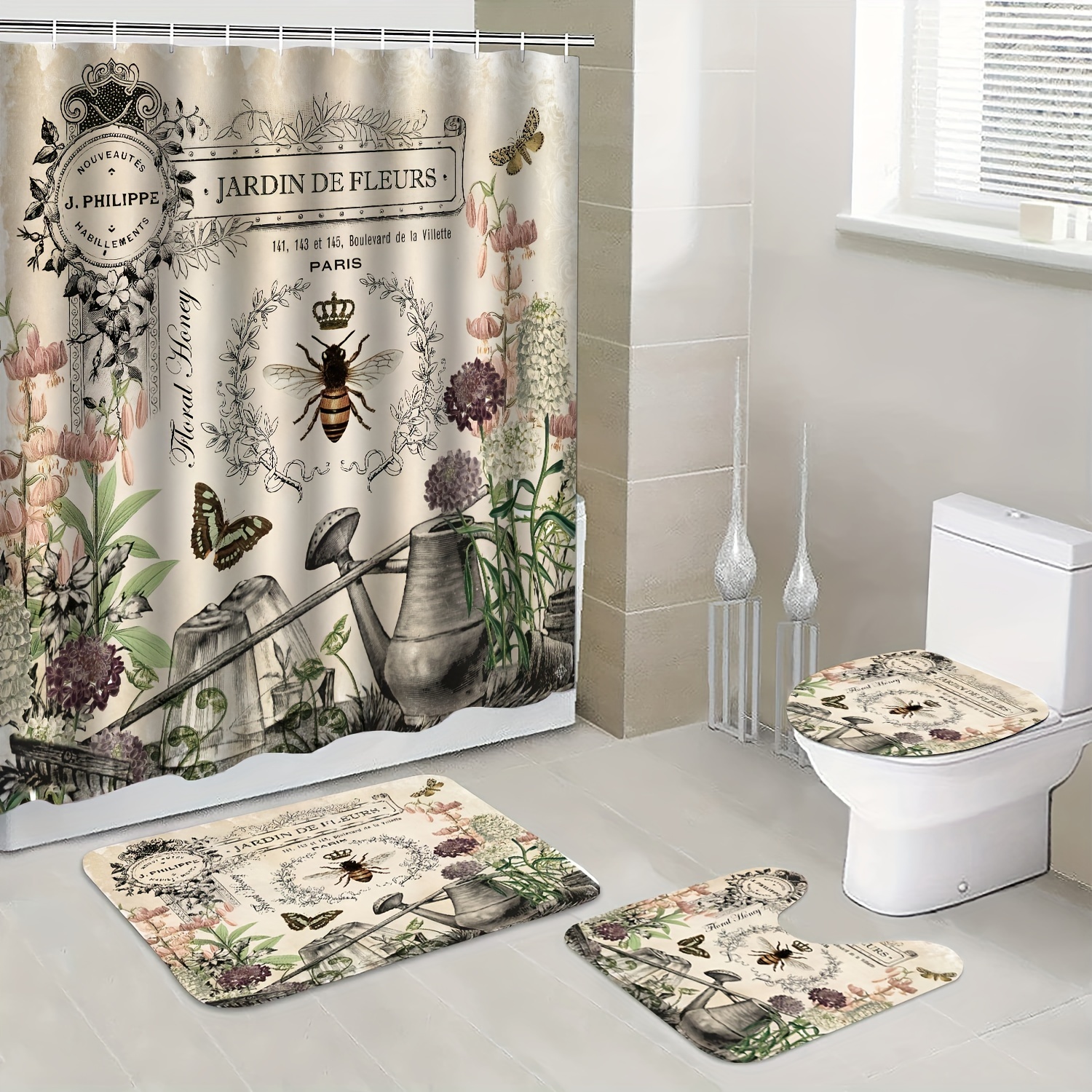 1/3pcs Modern French Shower Curtain Set, Bee Garden Vintage Queen Floral  Watering Can, Home Decor, Waterproof Bath Bathroom Curtains With Hooks, Bath