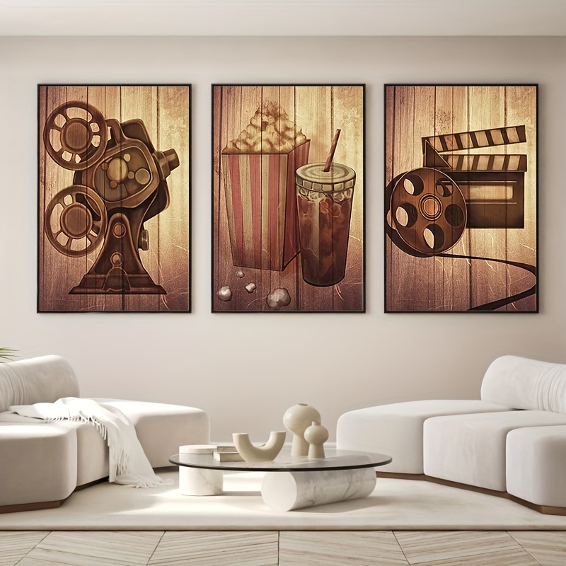 3pcs Art Canvas Print Posters, Vintage Old Film Modular Pictures,  Filmmaking Concept Scene Movie Projector Film Reels Popcorn Canvas Wall Art  Painting