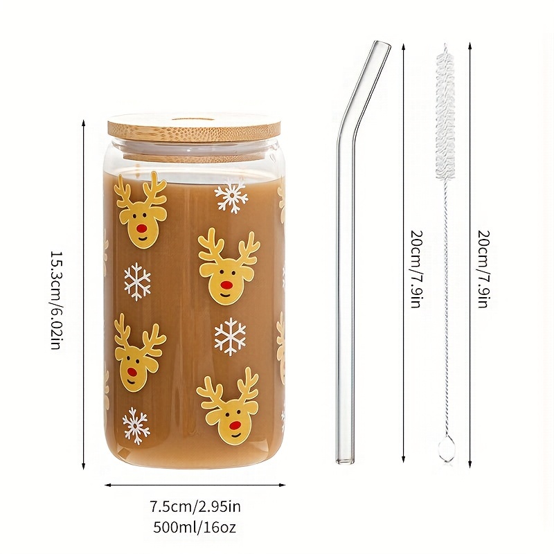 Dandat 6 Pcs Christmas Glass Cups Bulk 16 OZ Elk Ice Coffee Cup with Bamboo  Lids and Glass Straw Beer Can Shaped Cups Christmas Party Gift Tumbler