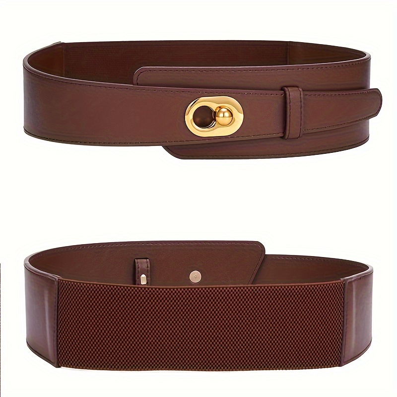 Lock Buckle Vintage Wide Belts Elegant Solid Color Leather - Temu