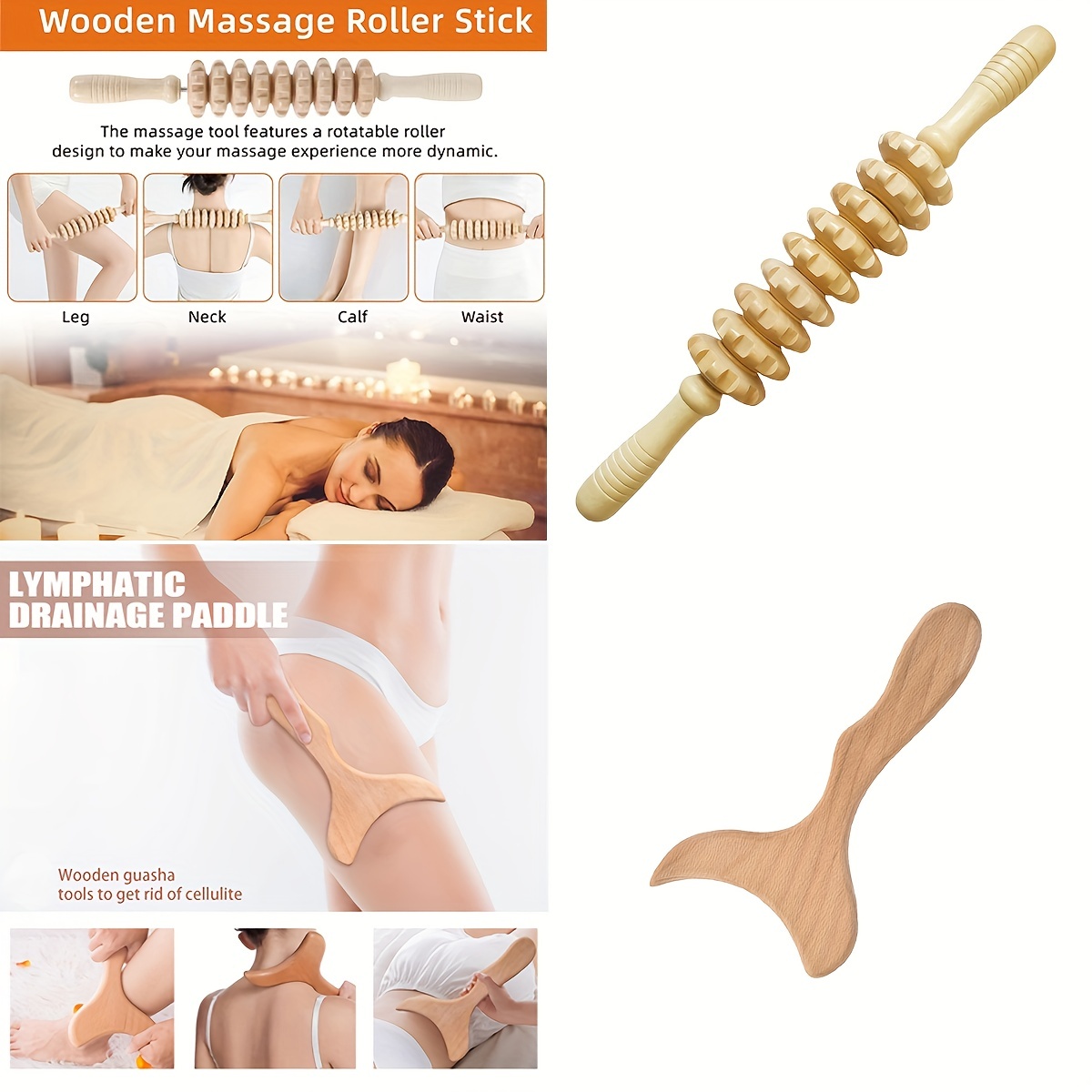  Wood Therapy Lymphatic Drainage Massage Roller Stick  Tools,Myofascial Release Tool Stomach Cellulite Massager,Ease Neck Back  Waist And Leg Pain Handheld Self Body Sculpting Massage Tool