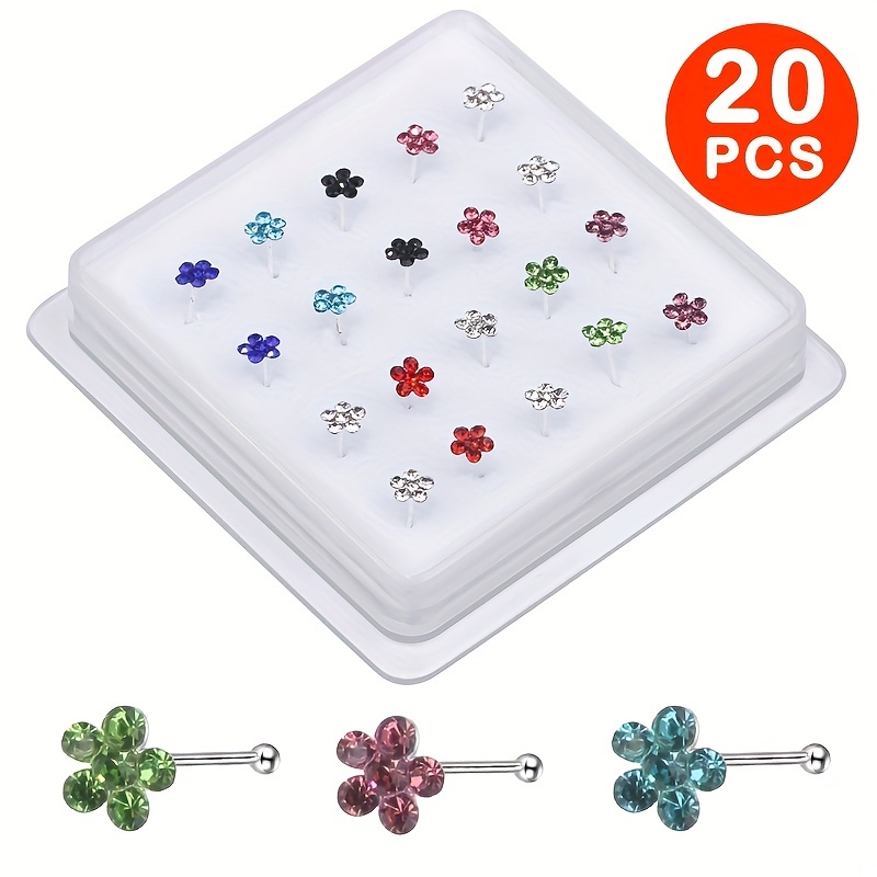 

20pcs Colorful Plum Blossom Nose Ring Set Inlaid Shiny Zircon Simple Minimalist Body Piercing Jewelry Set