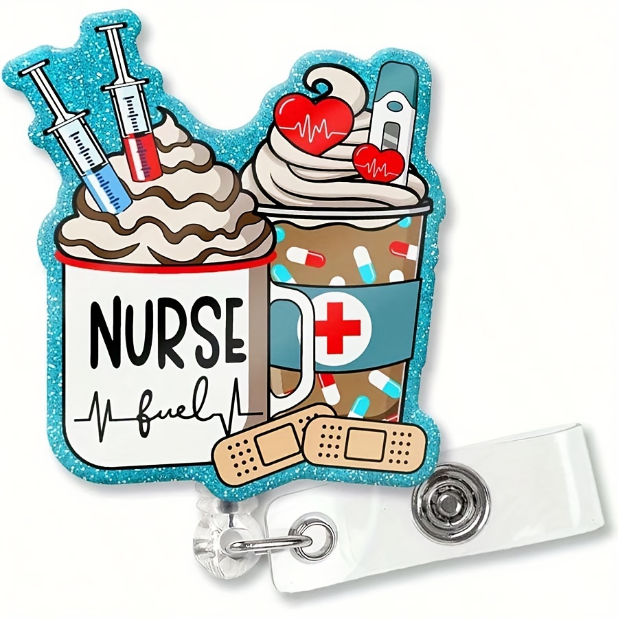 Nurse Cream Coffee Fun Blue Glitter Retractable Badge Reel With Shark Clip,  Cute Coffee Cup Badge Holder Gift For Nurse Doctor Medical Assistant Wound