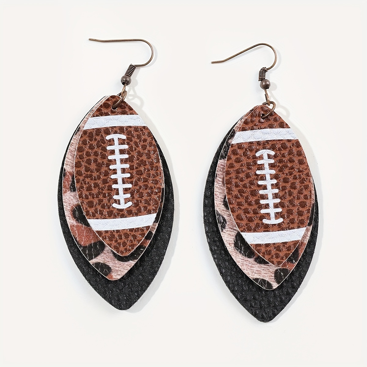 1 pair Women's Rugby Drop Earrings - Double-Sided Print, PU Leather, Sporty Style