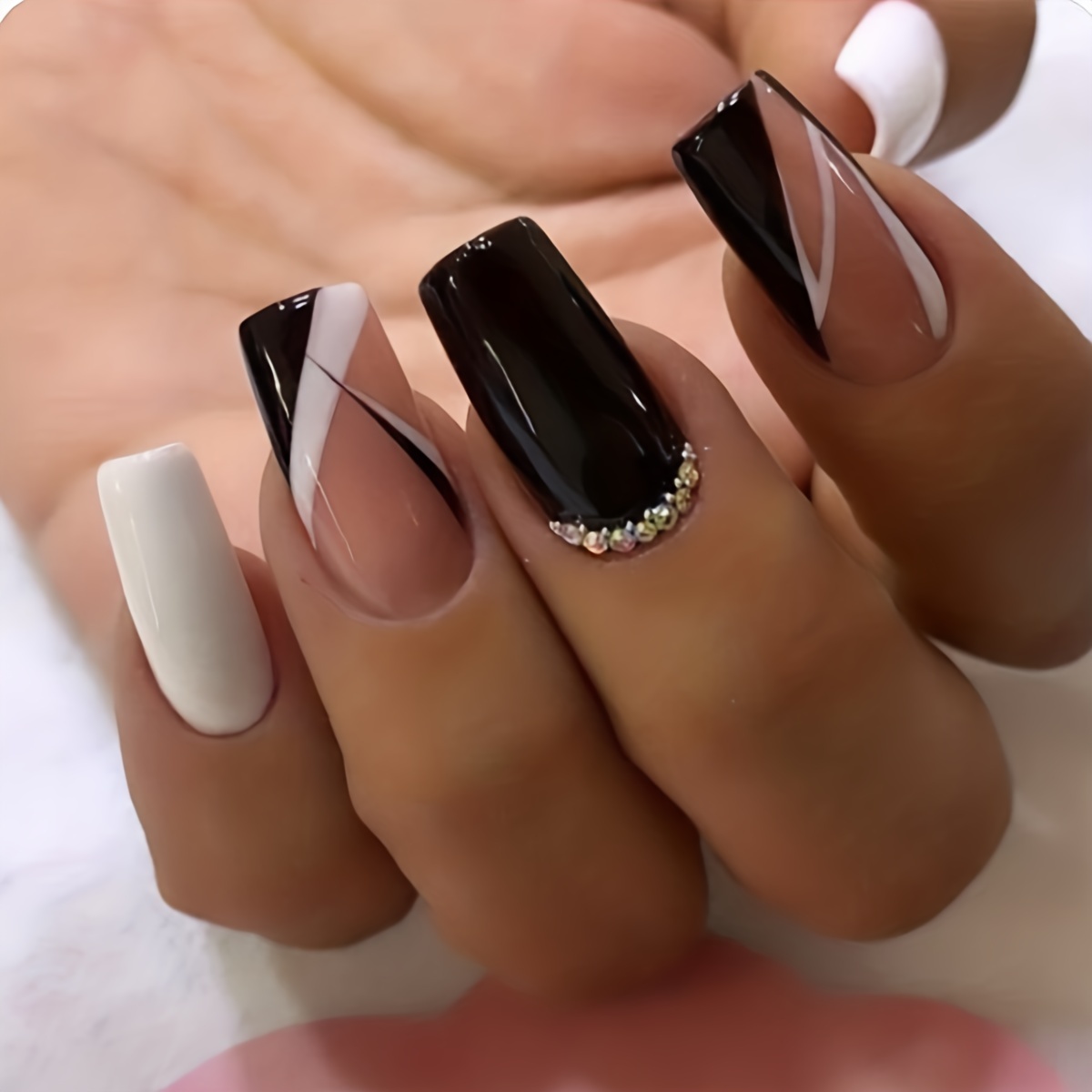 Glossy Long Ballerina Press On Nails French Rhinestone Chain - Temu Canada