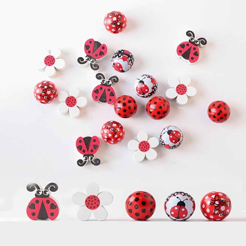 

40pcs Mixed 7 Star Ladybug Wood Beads, Round Beads, Irregular Beads, Loose Beads For Bracelet Necklace Ornament Decoration