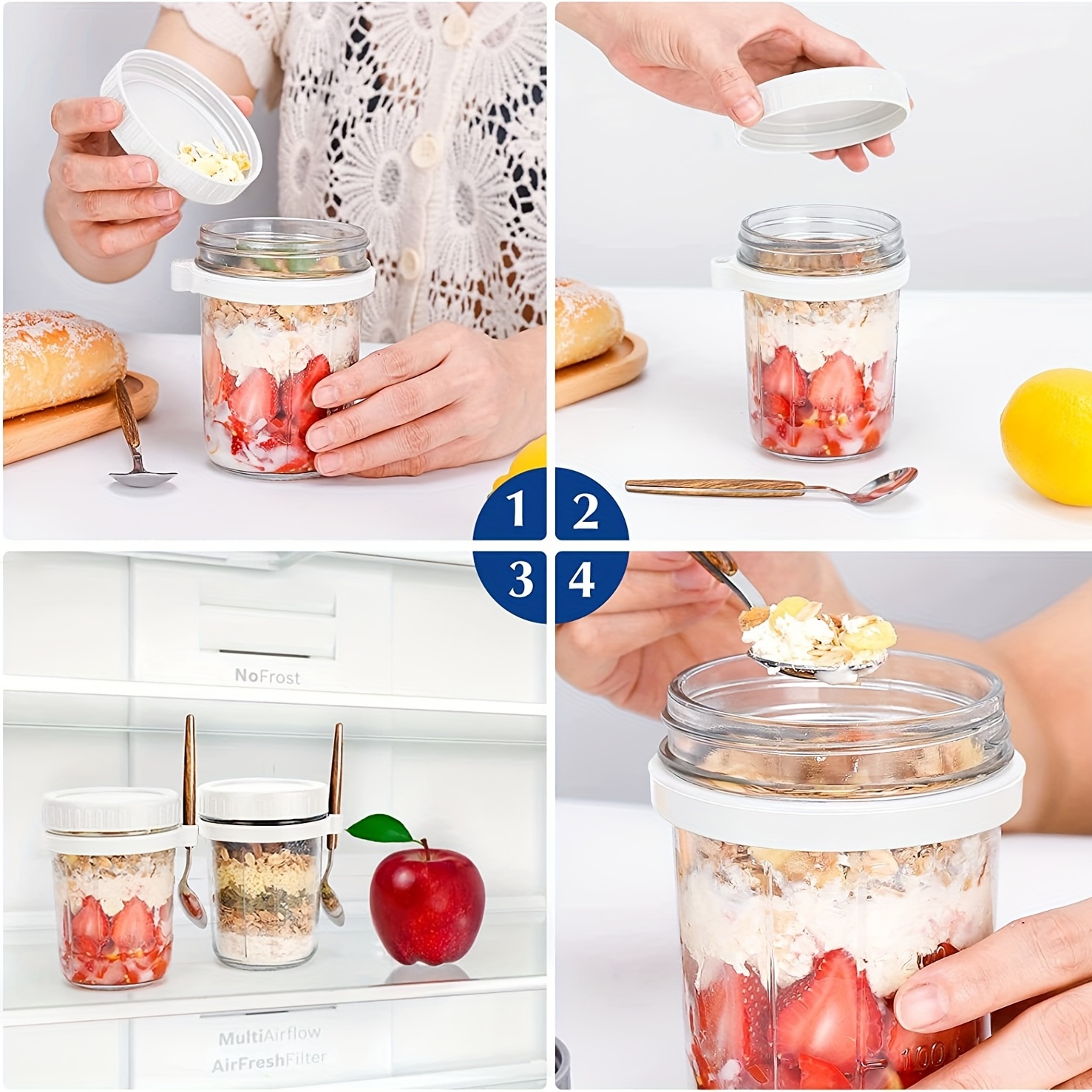 2Pcs Overnight Oats Container with Lid and Stainless Steel Spoon
