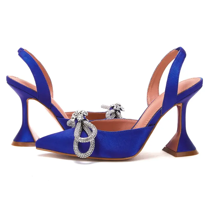 womens rhinestone bow high heels pointed toe slip on slingback pyramid heels fashion wedding dress pumps details 5