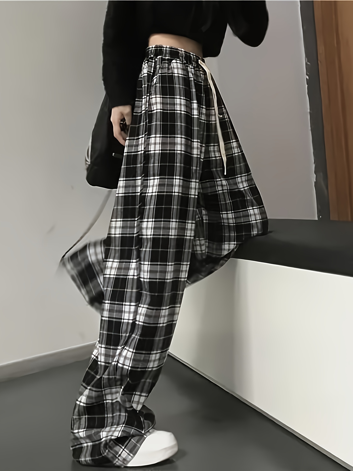 Women's Stylish Plaid Pants High Waist Wide Leg Pants Casual - Temu Canada