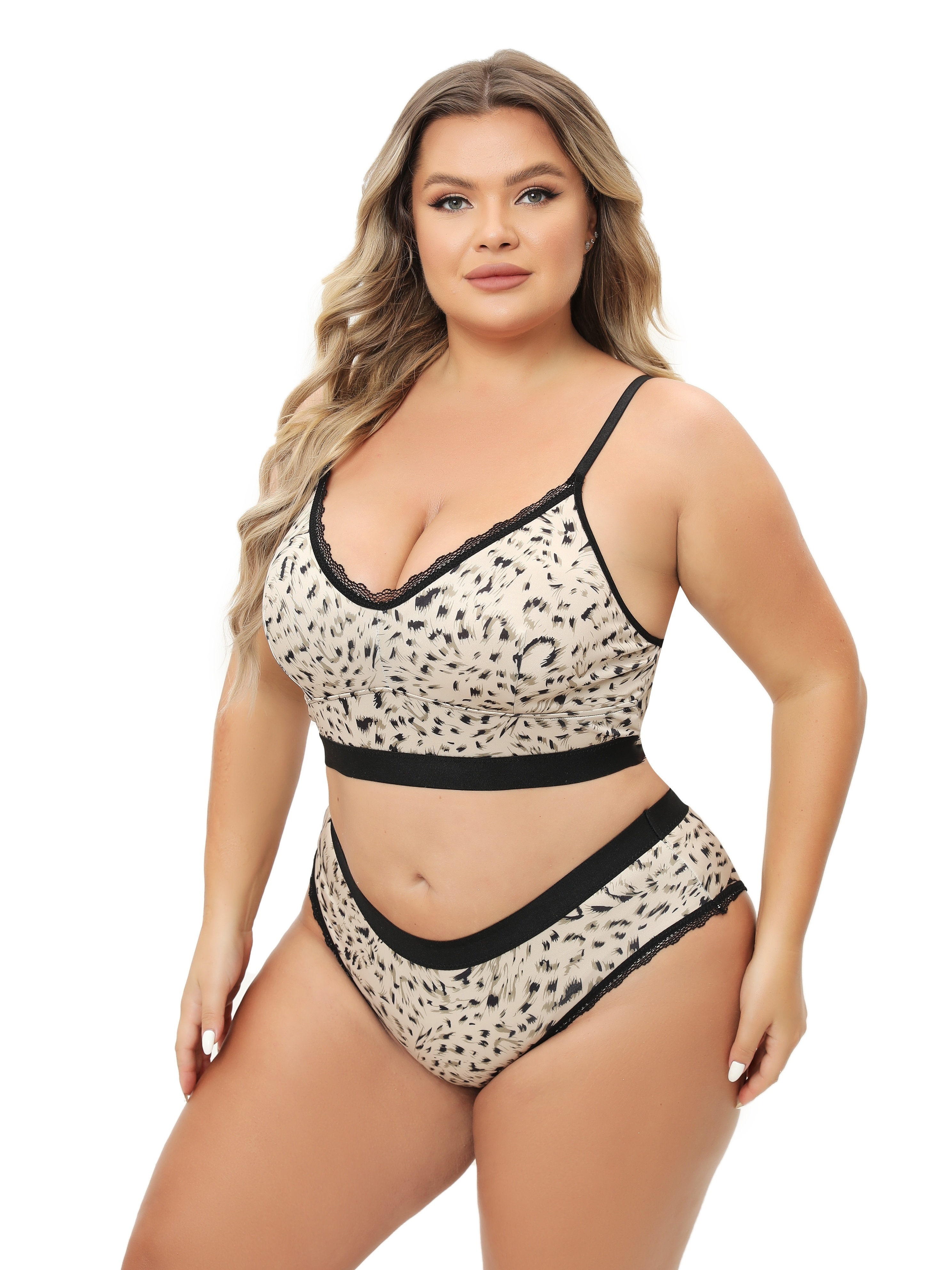 Plus Size Leopard Print Contrast Lace Semi Sheer Bra Panties - Temu Canada