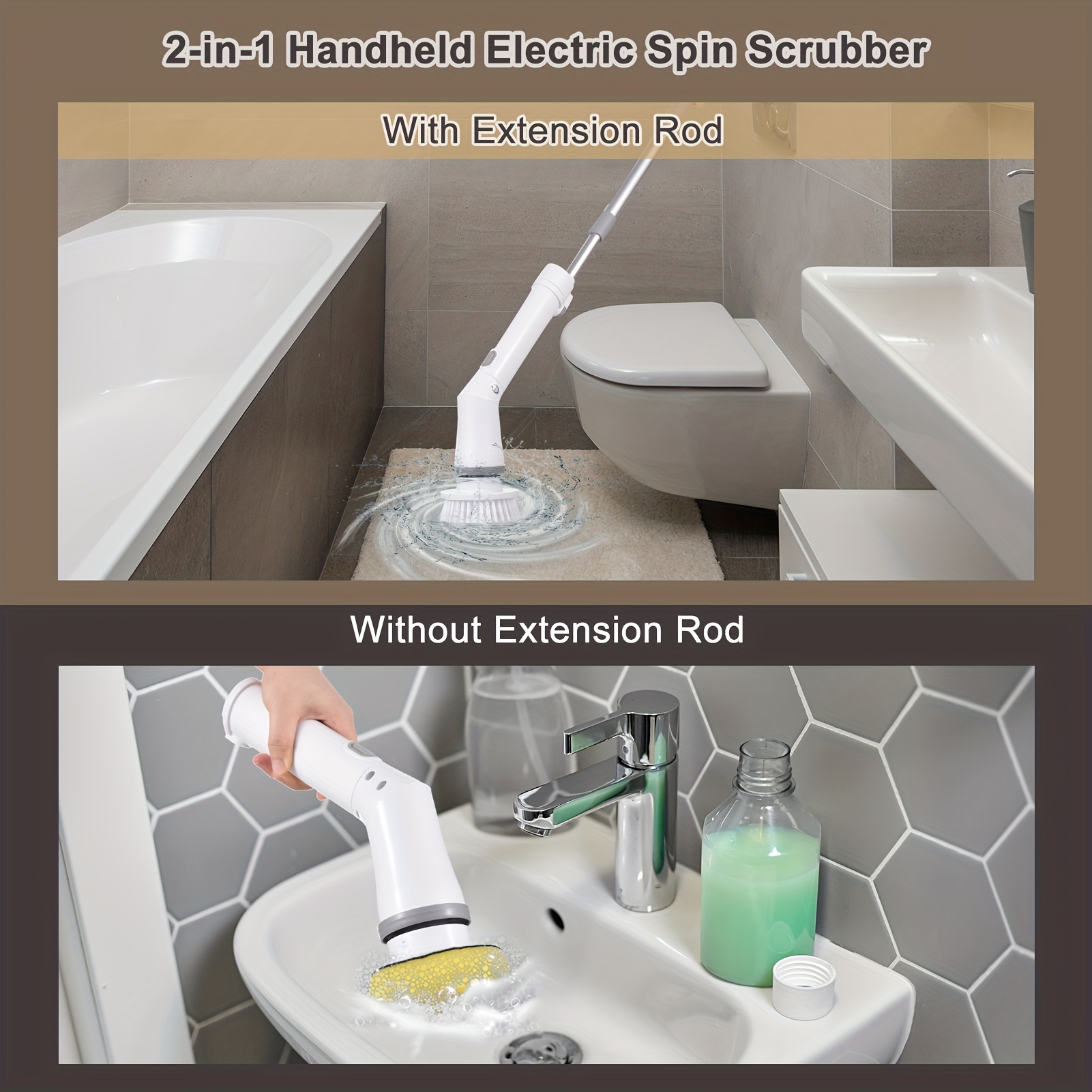 Limpiador eléctrico giratorio, cepillo de limpieza eléctrico inalámbrico  para baño y ducha con mango largo y 3 cabezales reemplazables para piso