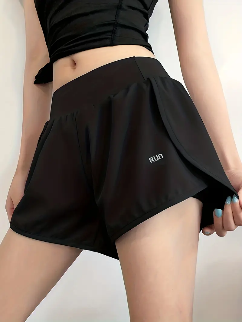 Letter Print High Waist Running Shorts With Pocket, Sporty Gym Yoga Workout  Casual Shorts, Women's Athleisure
