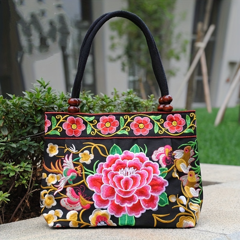 Flower Embroidery Canvas Handbag、Women's Beads Decor Ethnic Style ...