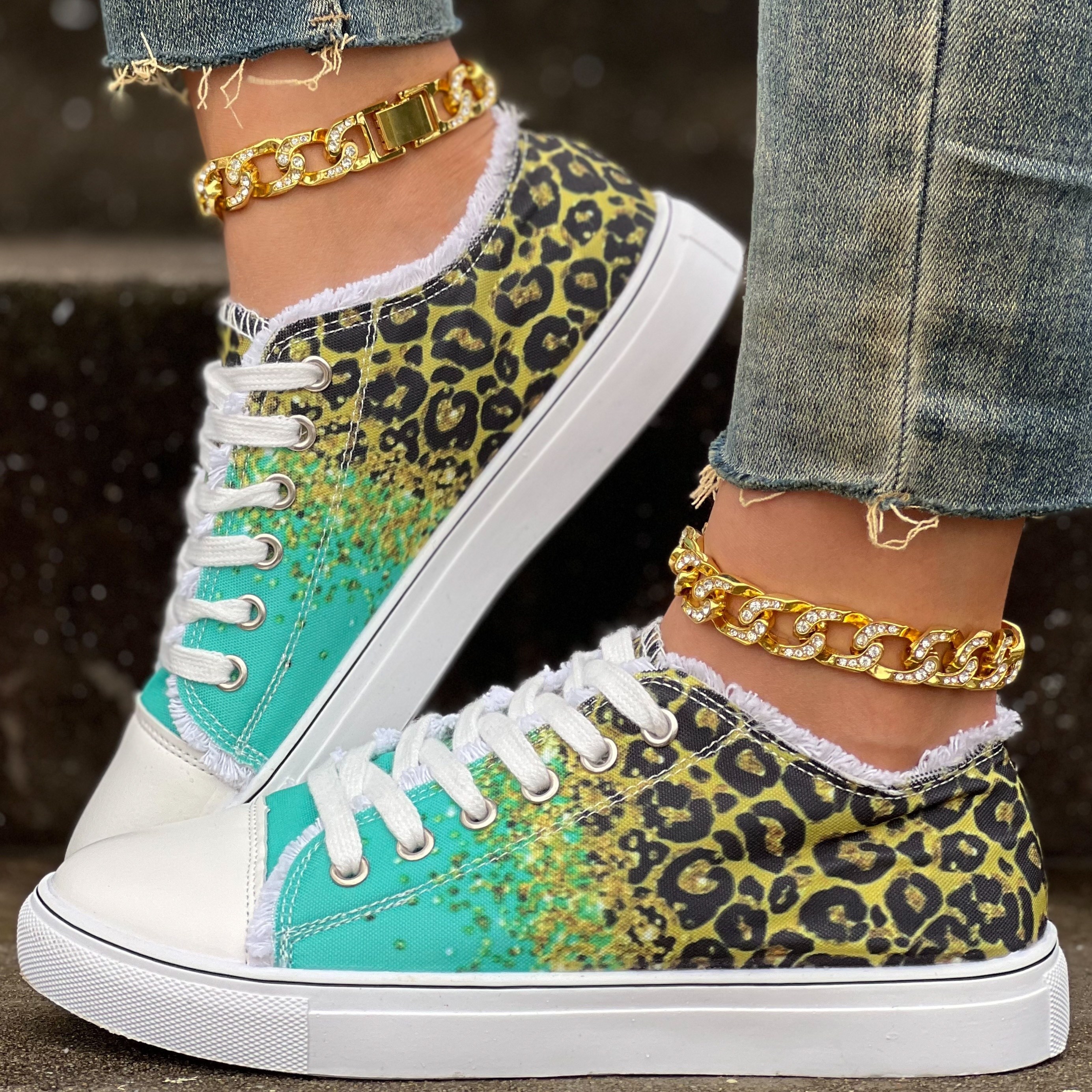 

Women's Leopard Print Canvas Shoes, Casual Glitter Sequins Decor Lace Up Shoes, Lightweight Low Top Sneakers