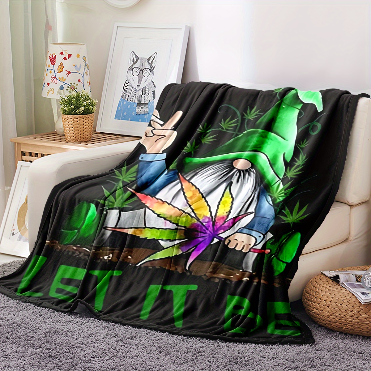 Creative Gnome Leaf Print Blanket Flannel Blanket Soft Warm Temu