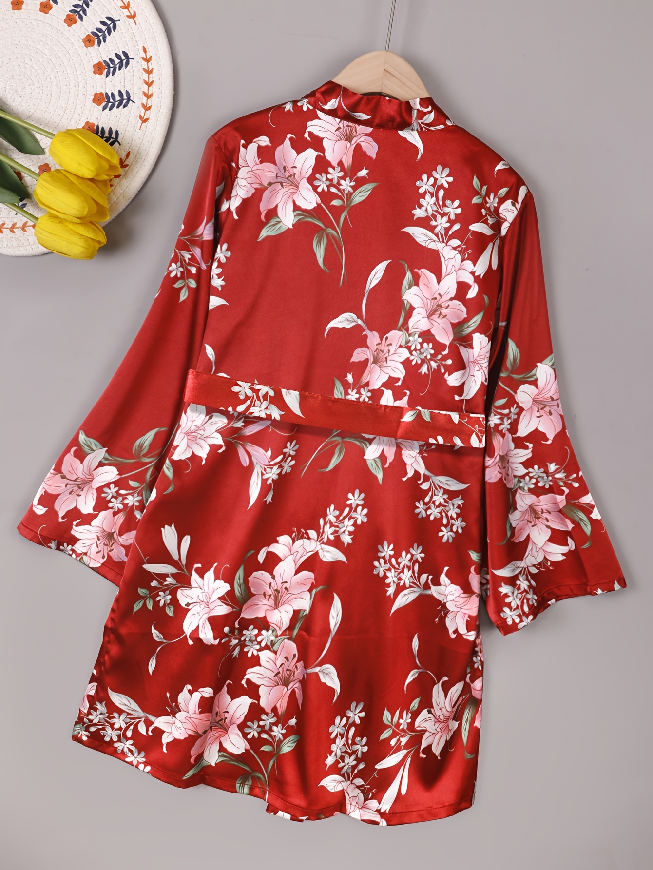 Floral Satin Night Robe Long Sleeve V Neck With Belt