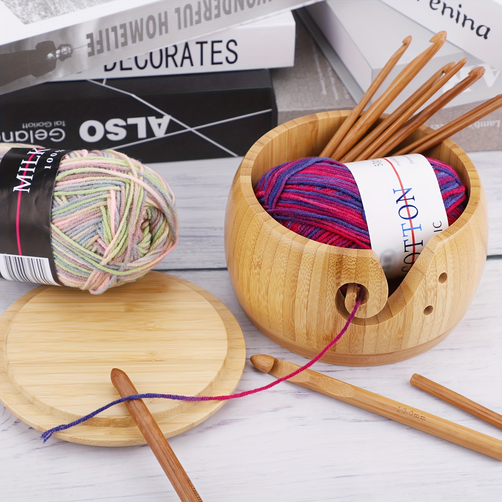 1 Set, Wooden Yarn Bowl With 12 Bamboo Crochet Hooks, Crocheting Knitting  Accessories, Handmade Wool Yarn Bowl With Lid, Art Craft Storage Yarn Bowl