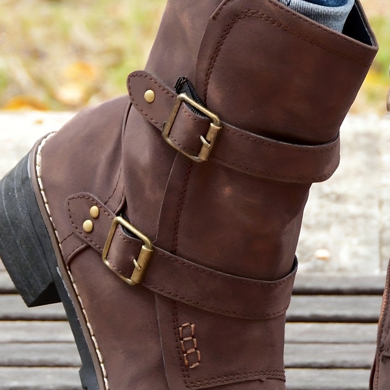 Women's Retro Mid Calf Boots Double Buckle Strap Side Zipper Shoes