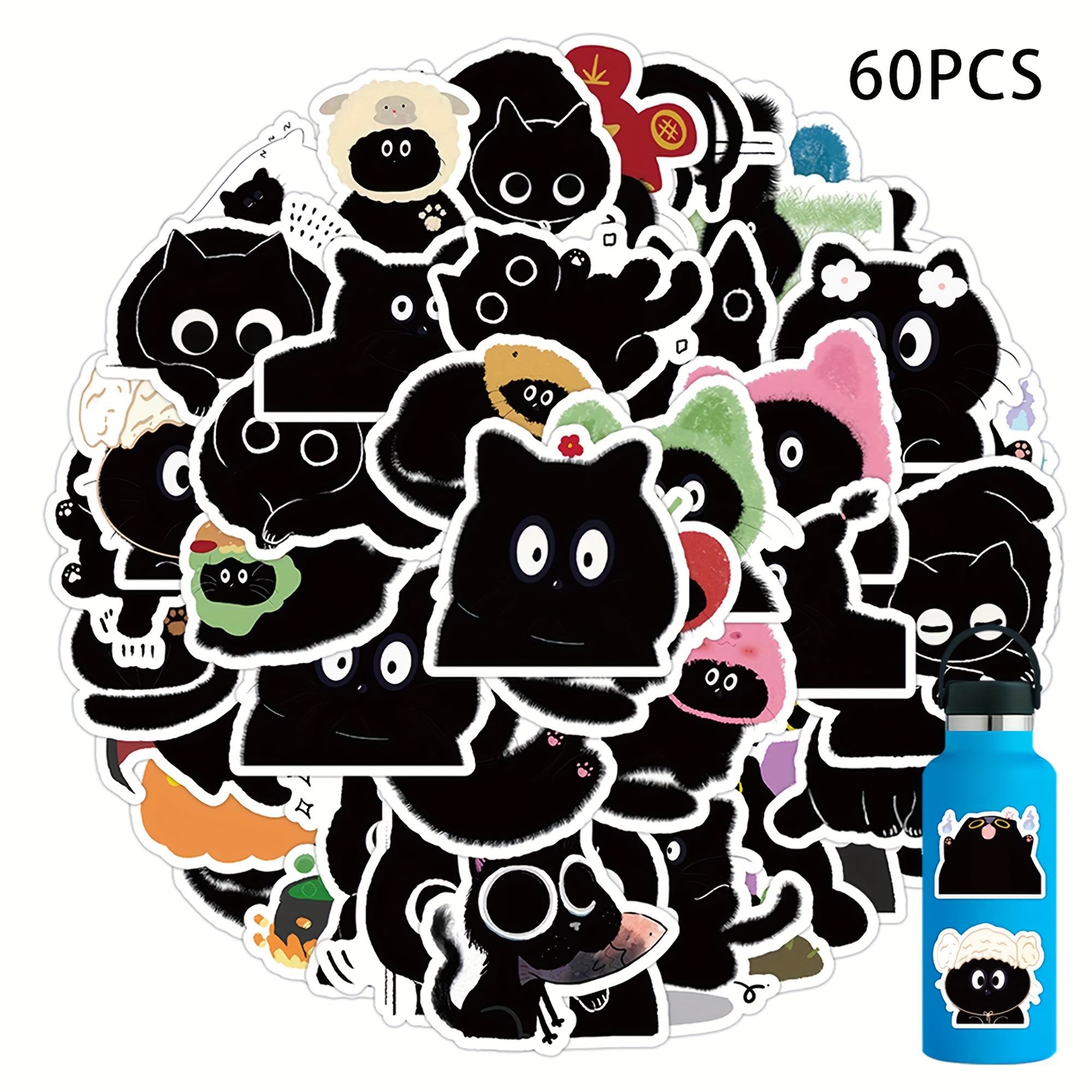 60-Piece Cat Sticker Set- Cartoon Pattern, Waterproof, Adorable Decorative,  Water Bottle Laptop Skateboard Cat Sticker, Reward Gift