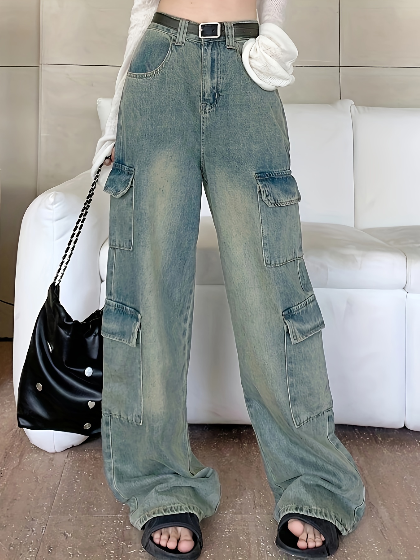 Multi Pocket Baggy Cargo Pants, High Waist Streetwear Y2k Style Fashion  Wide Leg Jeans, Women's Denim Jeans & Clothing