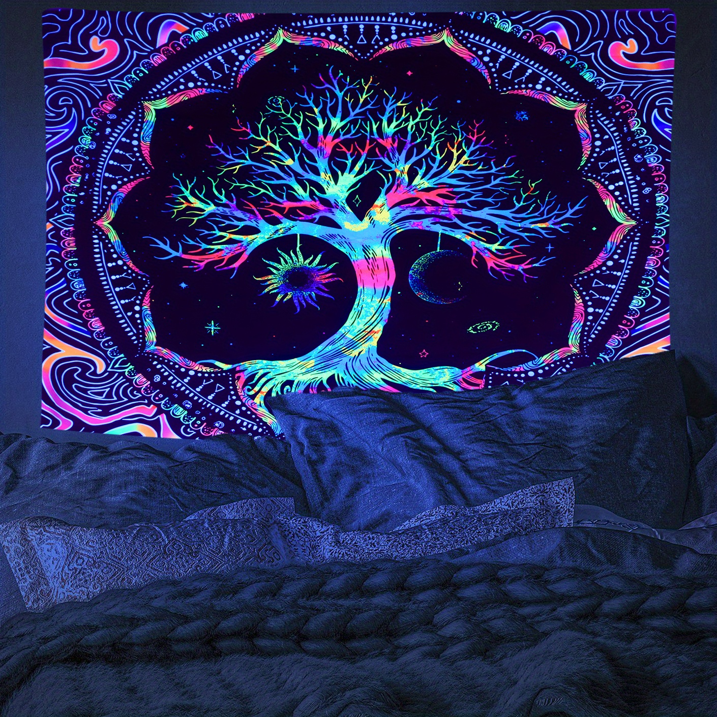 1pc 90gsm Psychedelic Tree Of Life Black Light Tapestry, Psychedelic Mandala Fluorescent Hanging Cloth, Uv Black Light Decorative Fabric For Room Use