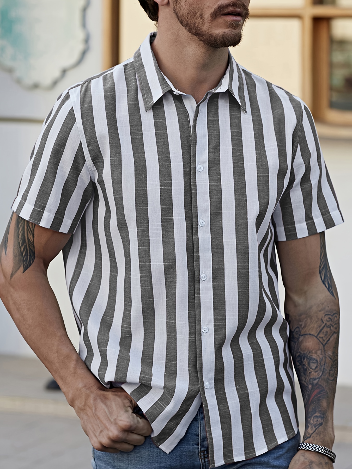 Camisa De Botão De Manga Curta Listrada Casual Masculina - Temu