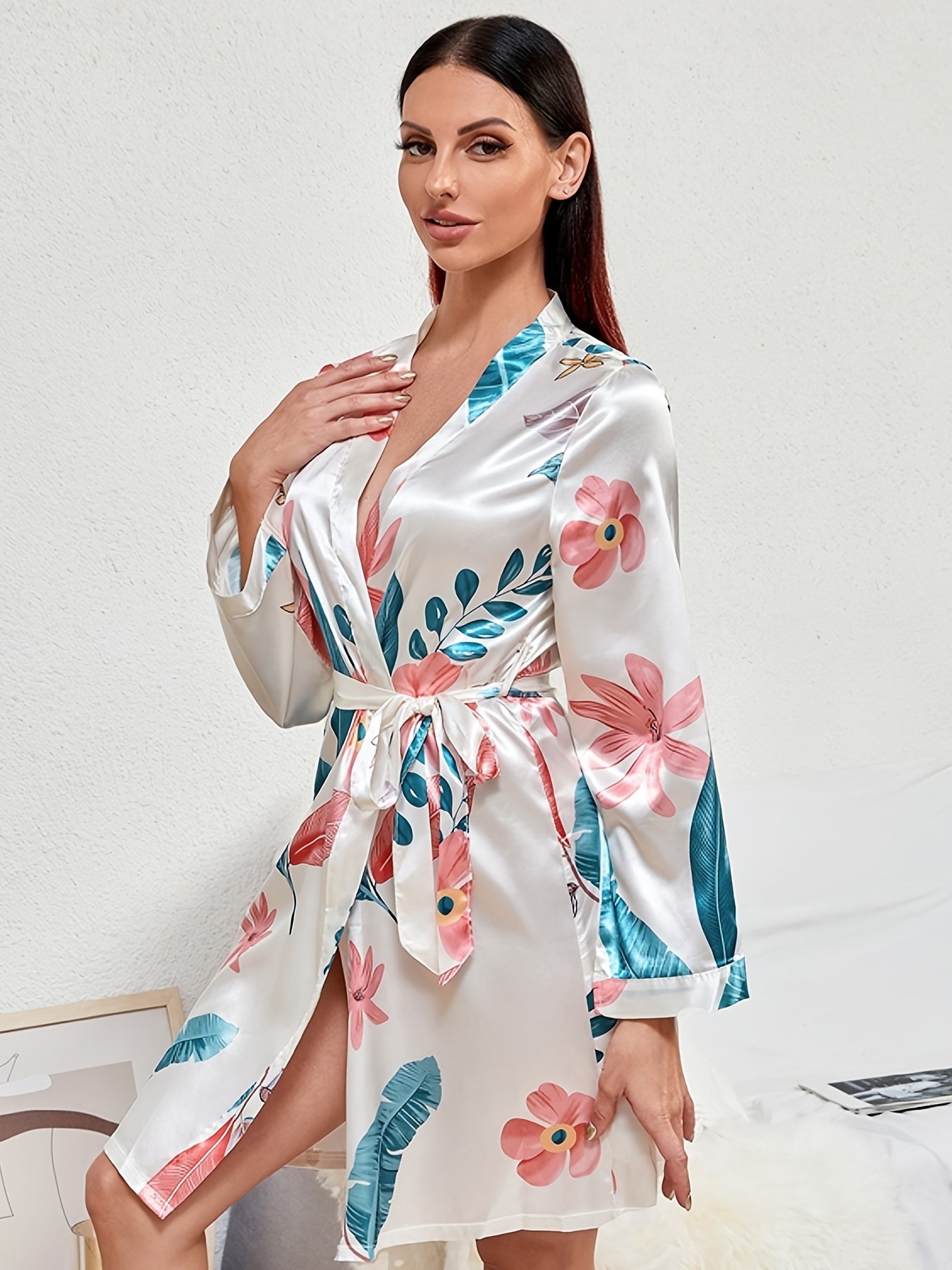 Simple & Chic Kimono Robe, Long Sleeve Short Robe With Belt & Pockets,  Simple & Elegant Lounge Robe, Women's Lingerie & Sleepwear