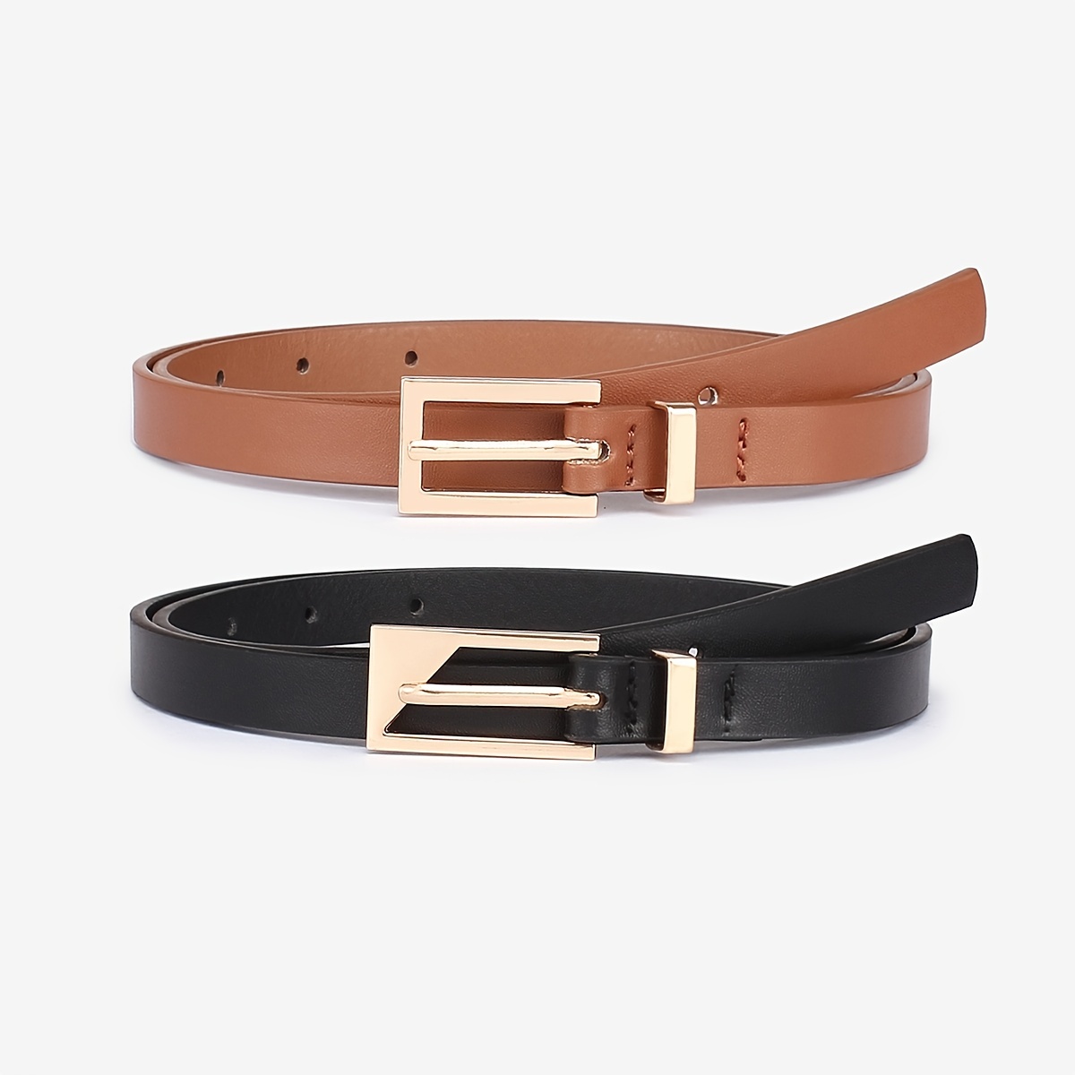 Golden Triple Ring Buckle Belts Simple Solid Color Pu - Temu