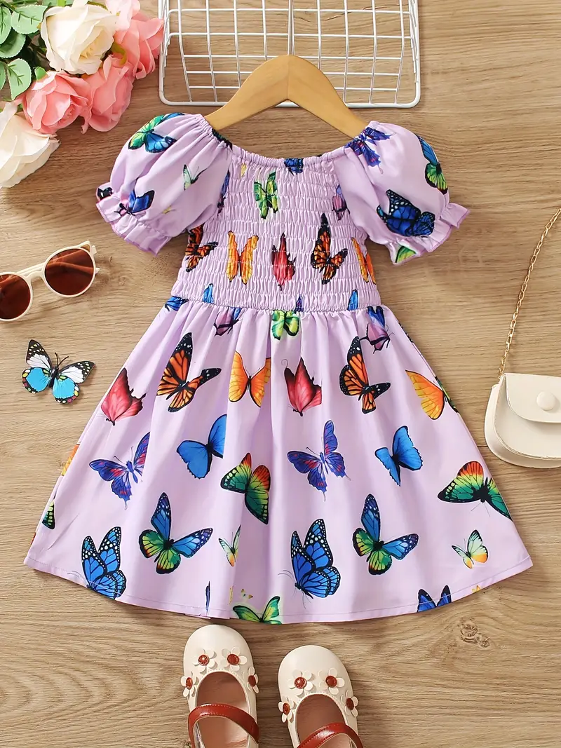 toddler girls puff sleeve frill trim shirred colorful butterfly graphic princess dress for party beach vacation cute romantic kids summer clothes details 0