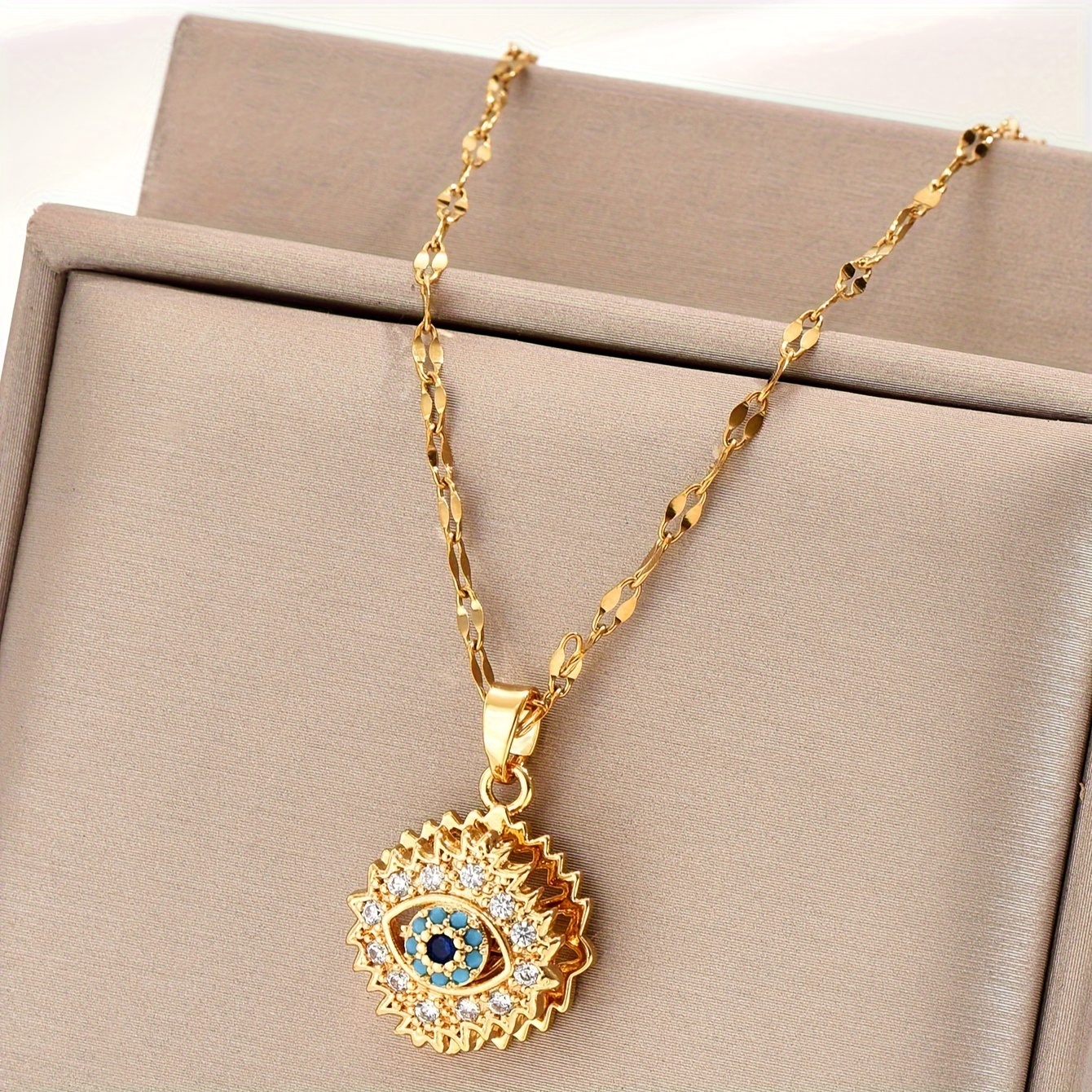 

1pc Golden Stainless Steel Chain Necklace, Cubic Zirconia Round Shape Blue Eye Pendant Necklace, Charm Fashion Trendy, Simple And Versatile For Men And Women