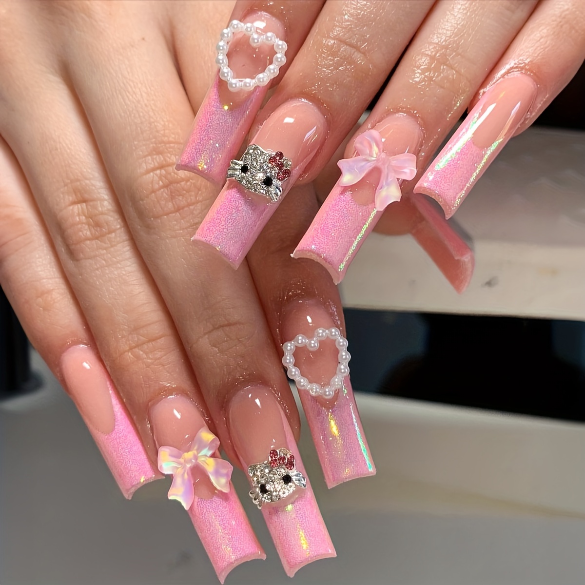 

24pcs Glossy Long Ballerina Fake Nails, Pinkish Glitter French Tip Press On Nails With 3d Rhinestone Cat, Bow And Heart Pearl Design, Sweet Cool Y2k False Nails For Women Girls