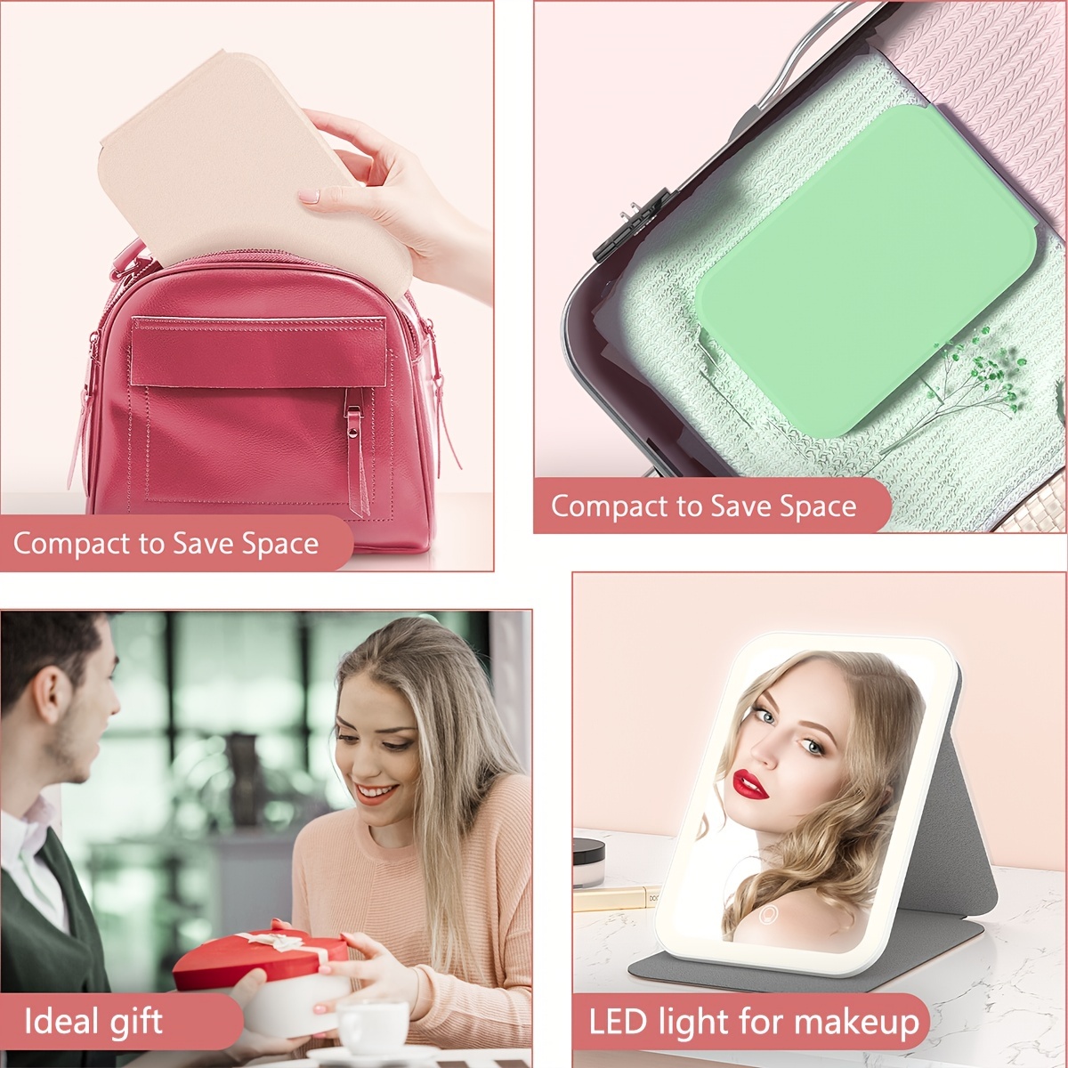 Travel Makeup Case with Mirror and Lights 3 Color Setting, PINK