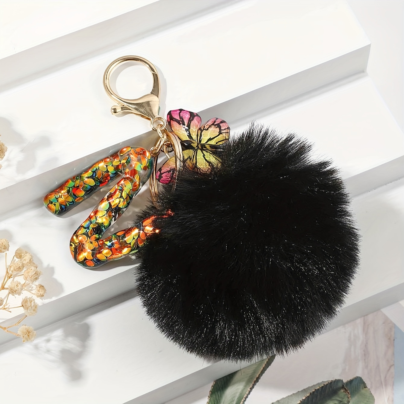 Alphabet Initial Letter Pom Pom Keychain Cute Plush Key Chain Ring Purse  Bag Backpack Charm Earbud Case Cover Accessories Women Girls Gift