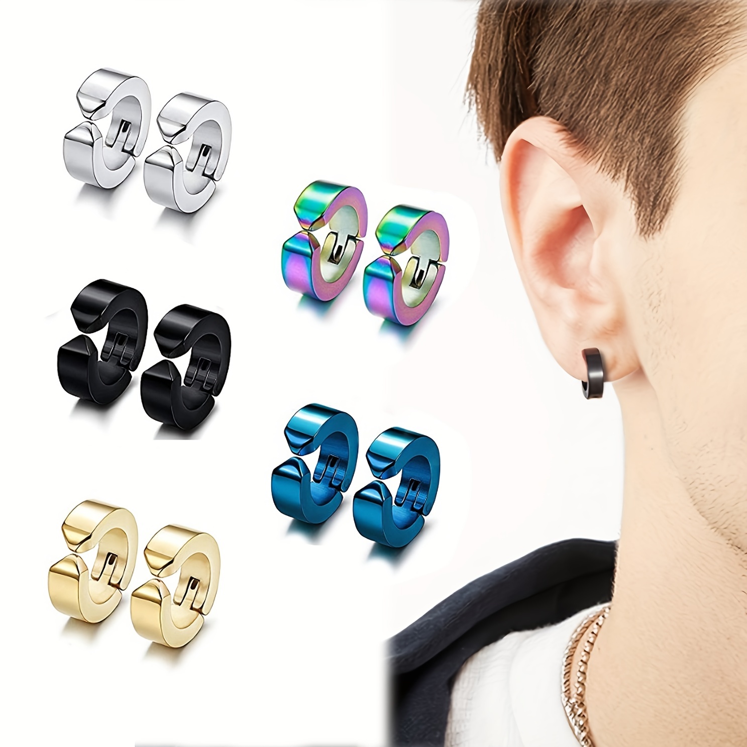 Mens Earrings, Black Cuff Earrings, Mens 6mm Clip on Earrings