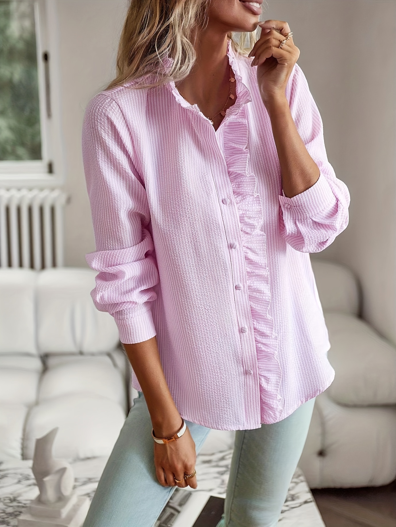 Striped Print Button Front Shirt Ruffle Trim Long Sleeve - Temu