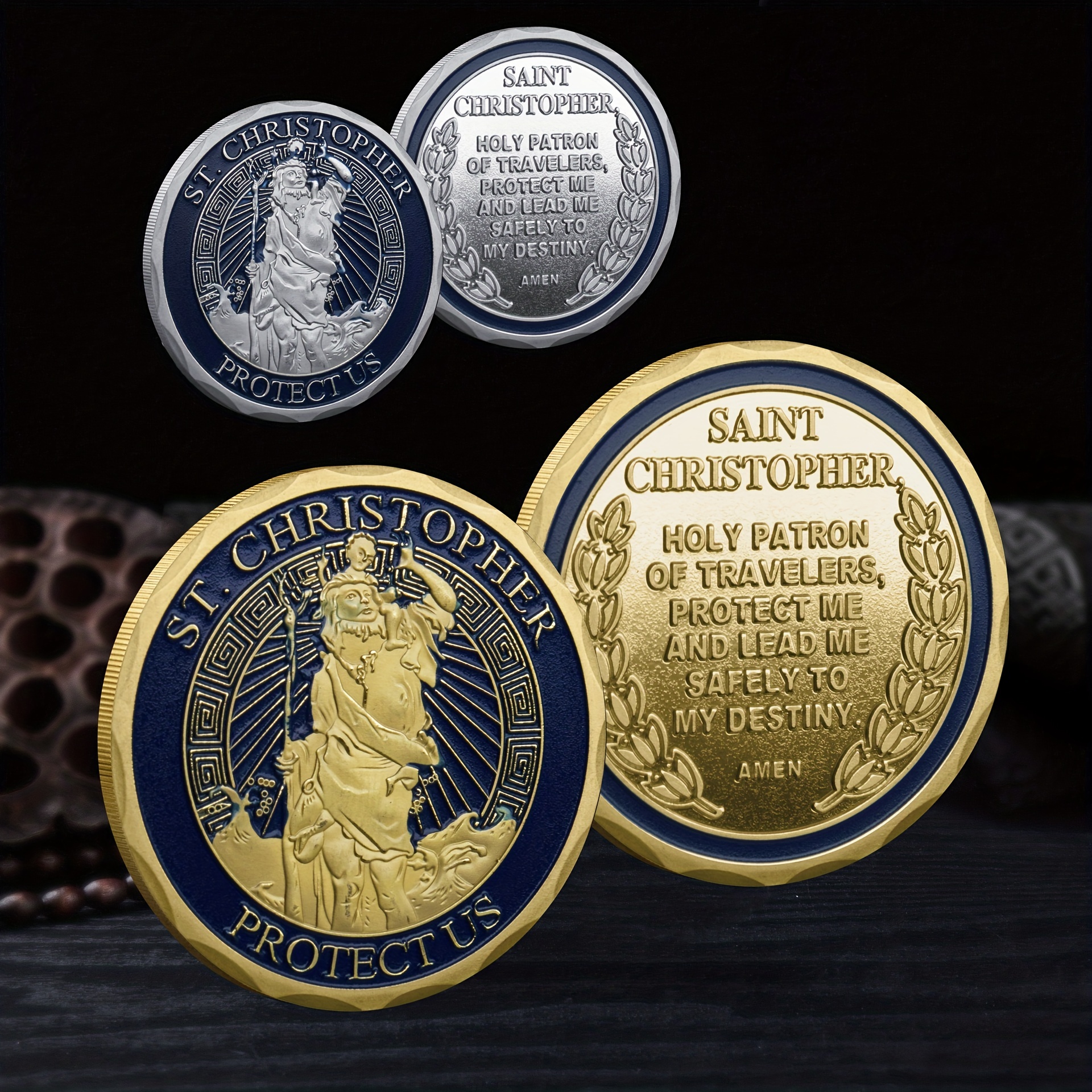 1pc ST.Christopher Protect Us Souvenir Coin Patron Saint Of Travelers Amen Prayer Commemorative Coin Collectible Challenge Coin Commemorative Coin C