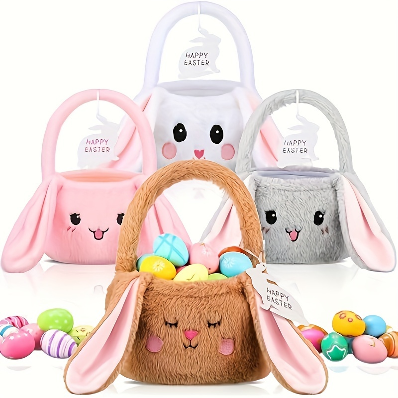 4pcs set plush bunny basket bucket with long plush ear fluffy egg hunting gift bag tote bag with bunny gift tag white pink gray brown