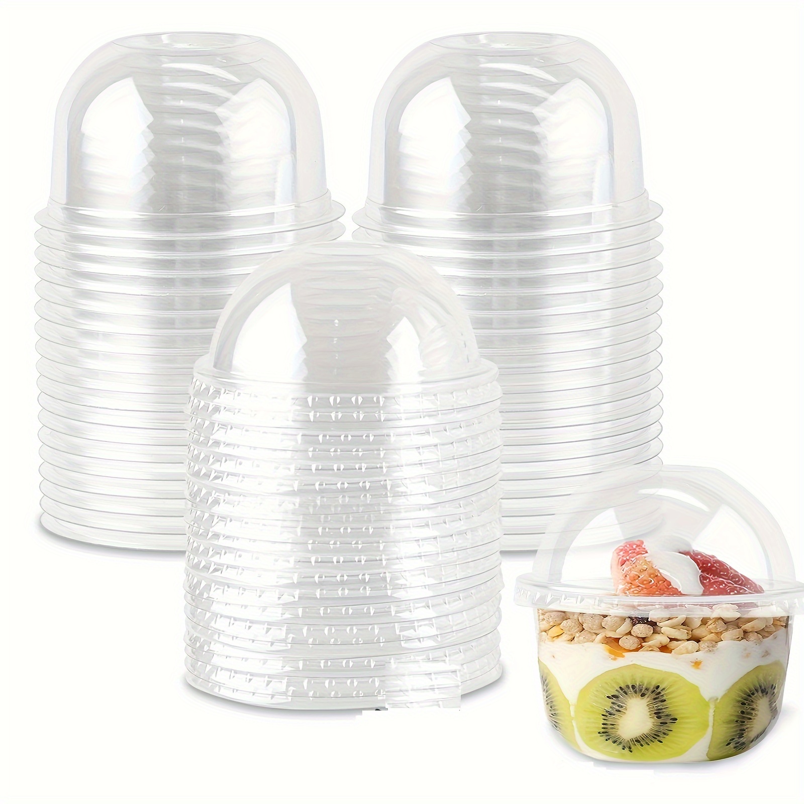 Vasos de postre de plástico transparente, paquete de 50 vasos de postre de  plástico transparente con tapas de cúpula, tazas de fiesta, tazas de