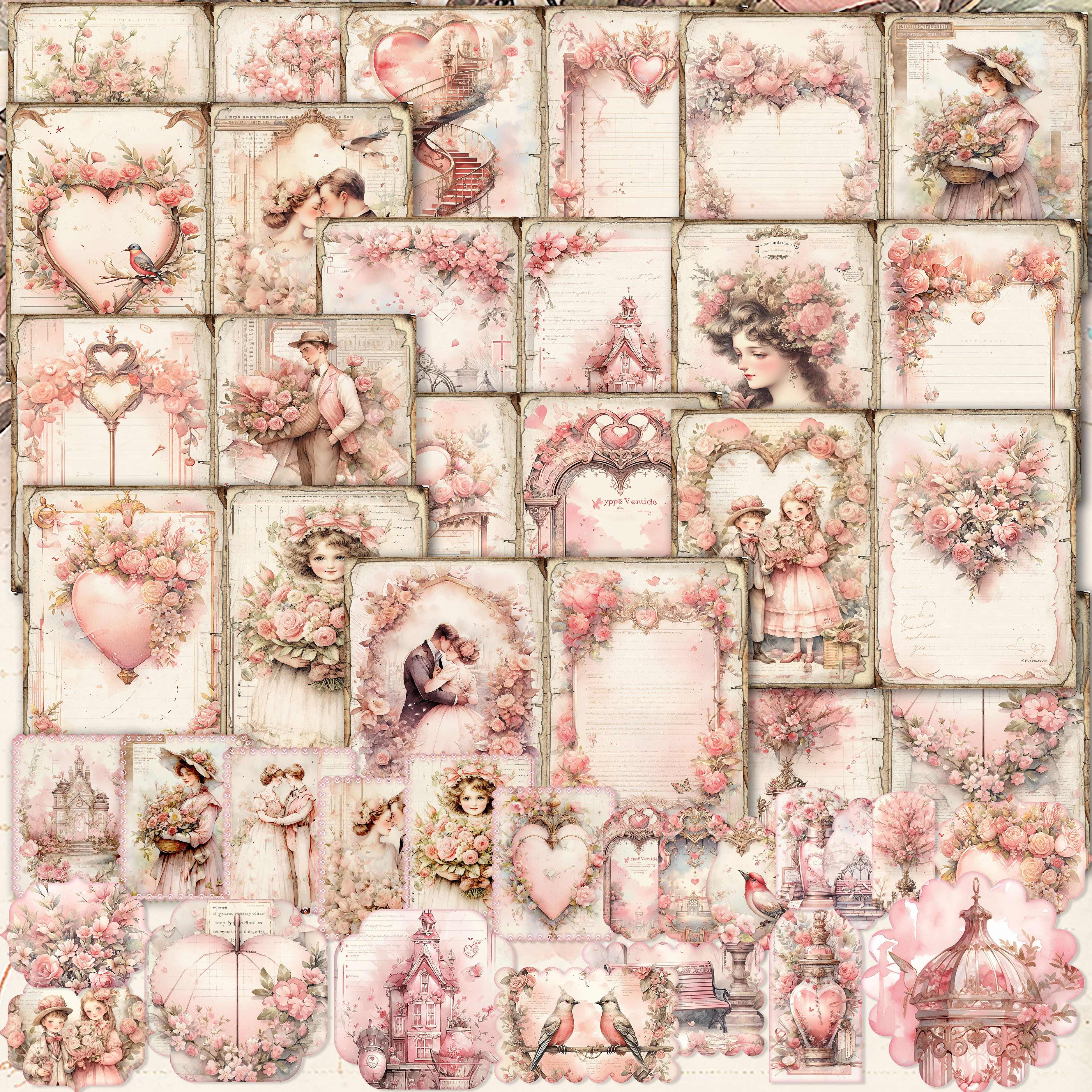 

54pcs (12paper+42stickers) Vintage Valentine's Day Theme Diy Decorative Paper Set, Perfect For Valentine Decoration, Arts Crafts, Greeting Cards, Scrapbooking Supplies, Background Paper Pad