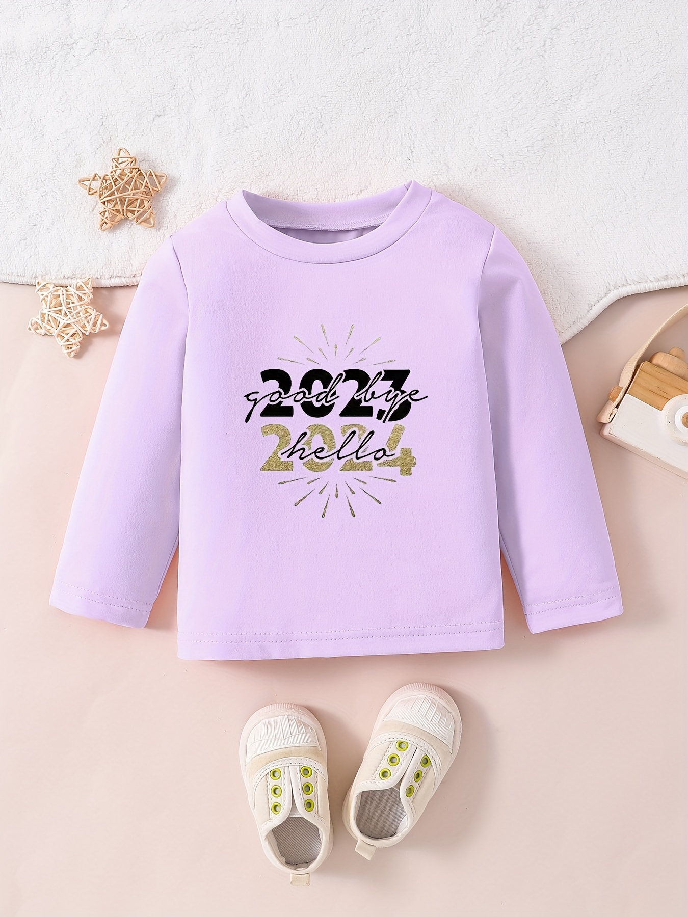 Good Bye 2023 Hello 2024 Print T shirt 95% Cotton Girls Warm - Temu